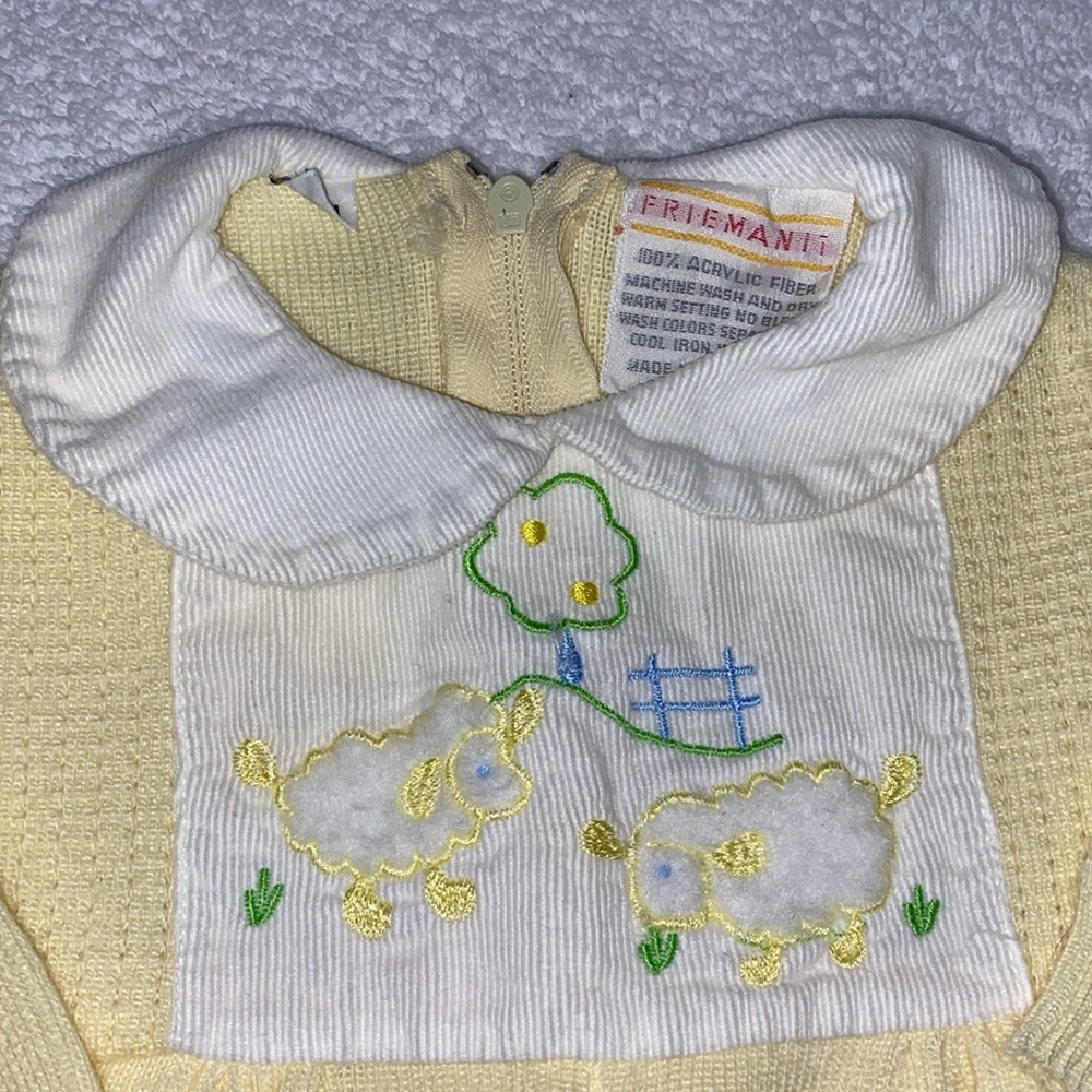 Vintage friemanit knit Yellow Kids sheep One Piece footed unisex play suit 6m - Picture 2 of 9